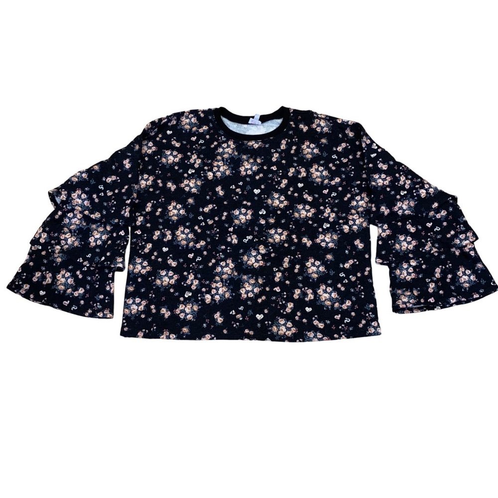 Juicy by Juicy Couture Floral Sweatshirt Tiered Sleeves Size Large Womens Black